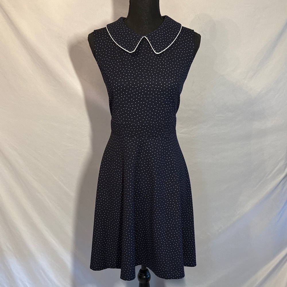 Smak Parlour 1960s Style Navy and White Polka Dot Sleeveless Fit and Flare Dress